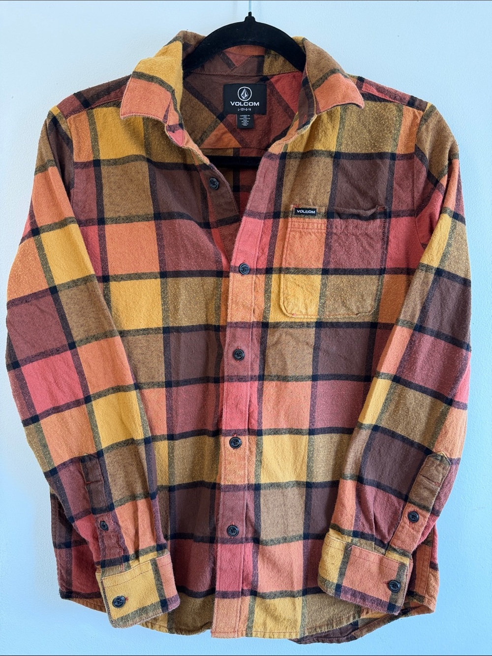 Volcom Boys L 12Y -14 Orange Plaid Flannel Button Up Shirt Skater Grunge